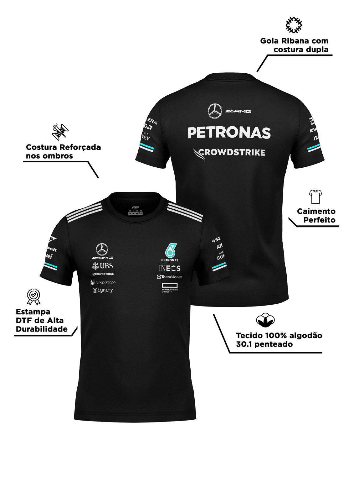 Camiseta Algodão Mercedes Equipe Preto 2025