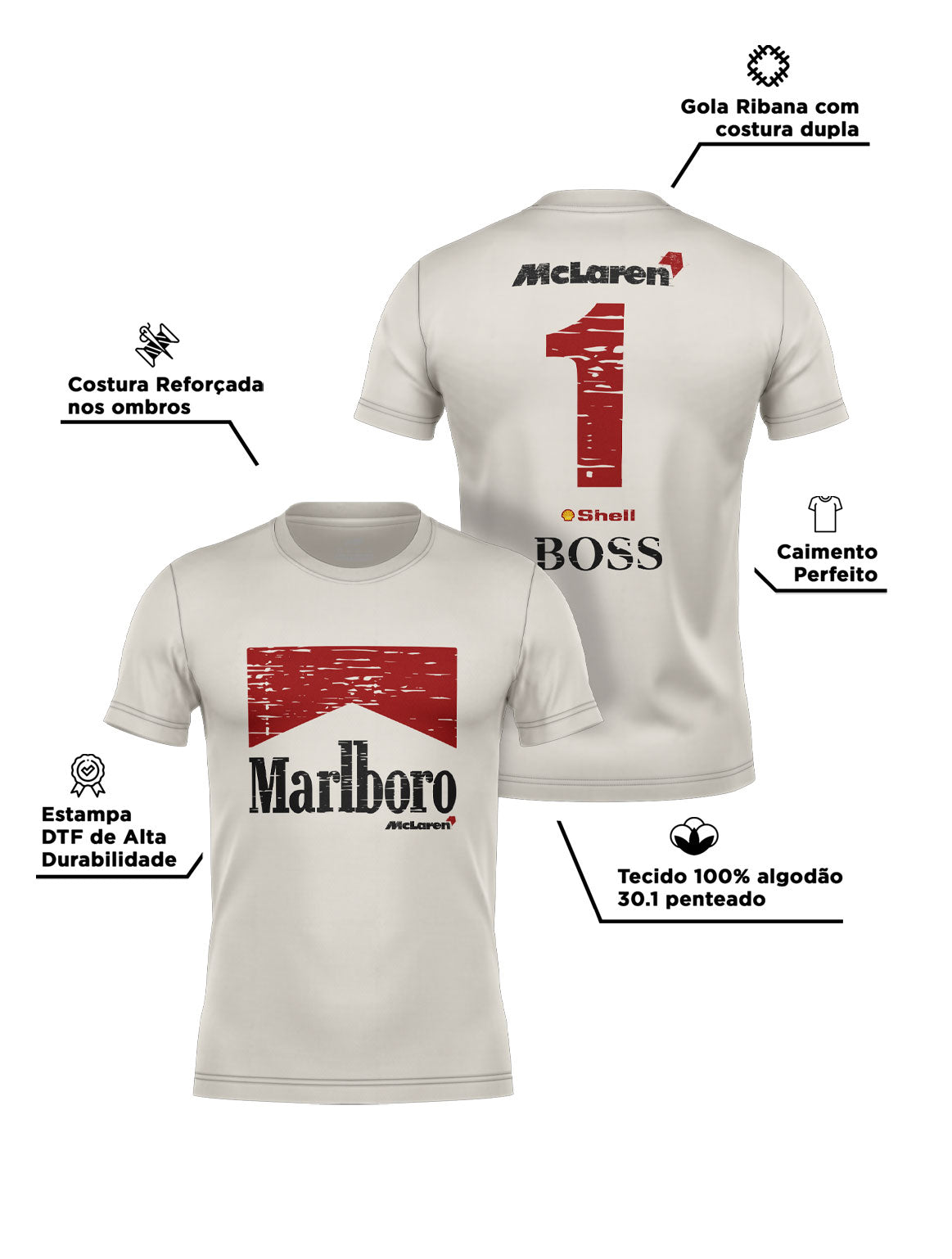Camiseta Algodão Mclaren Marlboro Vintage anos 90 Off White