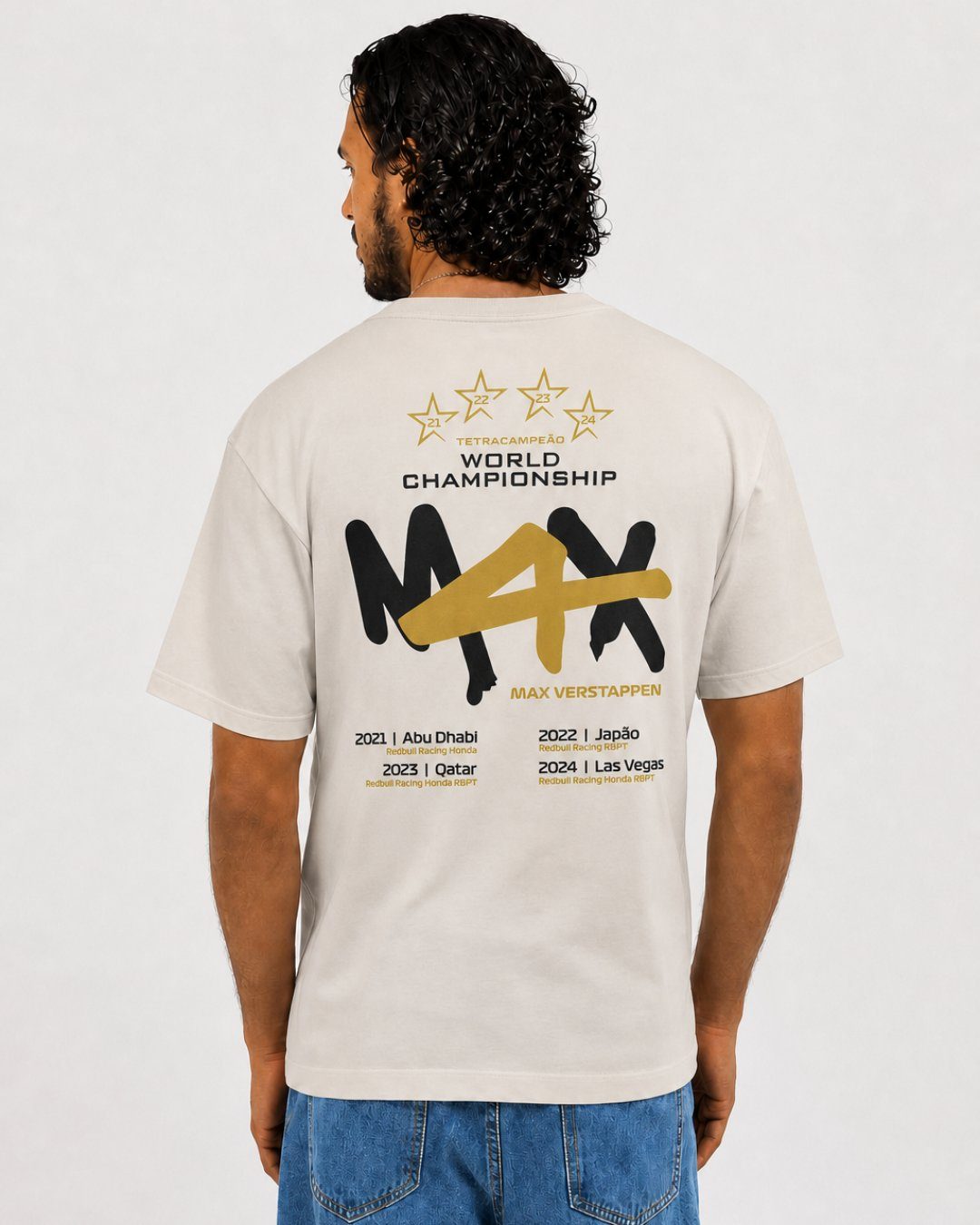 Camiseta Max Verstappen Campeão Mundial 2024 Off White Algodão